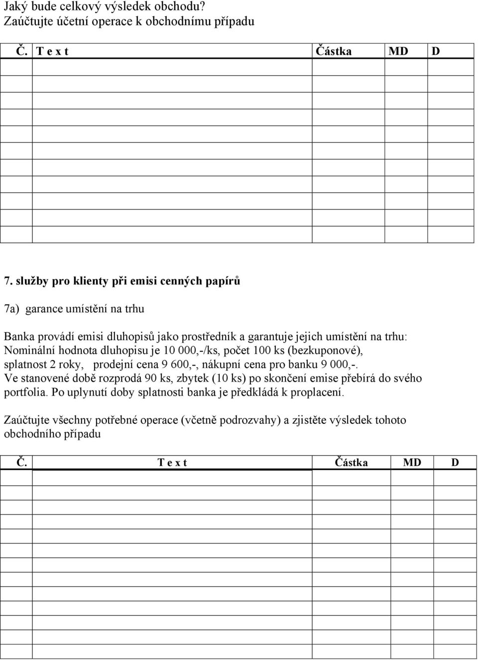 hodnota dluhopisu je 10 000,-/ks, počet 100 ks (bezkuponové), splatnost 2 roky, prodejní cena 9 600,-, nákupní cena pro banku 9 000,-.