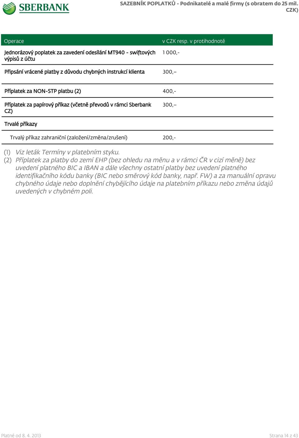 (2) Příplatek za platby do zemí EHP (bez ohledu na měnu a v rámci ČR v cizí měně) bez uvedení platného BIC a IBAN a dále všechny ostatní platby bez uvedení platného identifikačního kódu banky