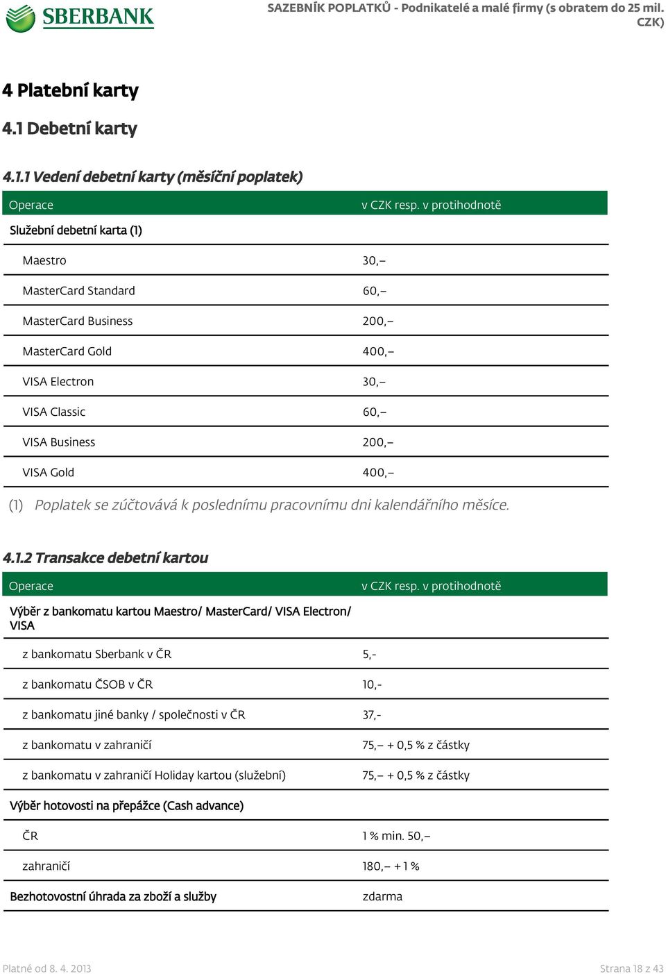 1 Vedení debetní karty (měsíční poplatek) Služební debetní karta (1) Maestro 30, MasterCard Standard 60, MasterCard Business 200, MasterCard Gold 400, VISA Electron 30, VISA Classic 60, VISA Business