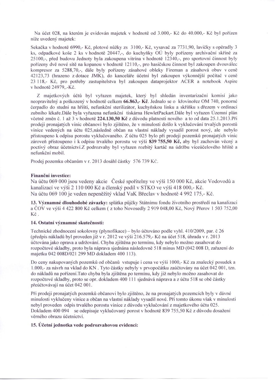 byly pořízeny archivační skříně za 25 100,-, před budovu Jednoty byla zakoupena vitrína v hodnotě 12340,-, pro sportovn í činnost byly pořízeny dvě nové sítě na kopanou v hodnotě 12110,-, pro