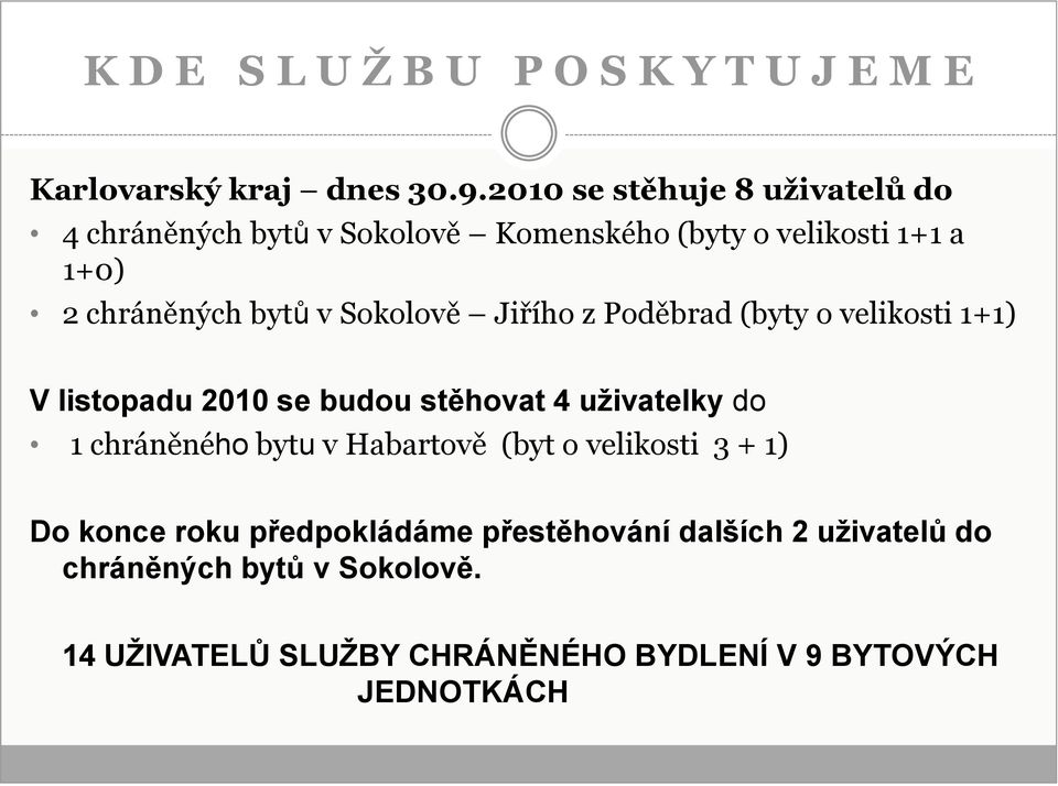 Sokolově Jiřího z Poděbrad (byty o velikosti 1+1) V listopadu 2010 se budou stěhovat 4 uživatelky do 1 chráněného bytu v