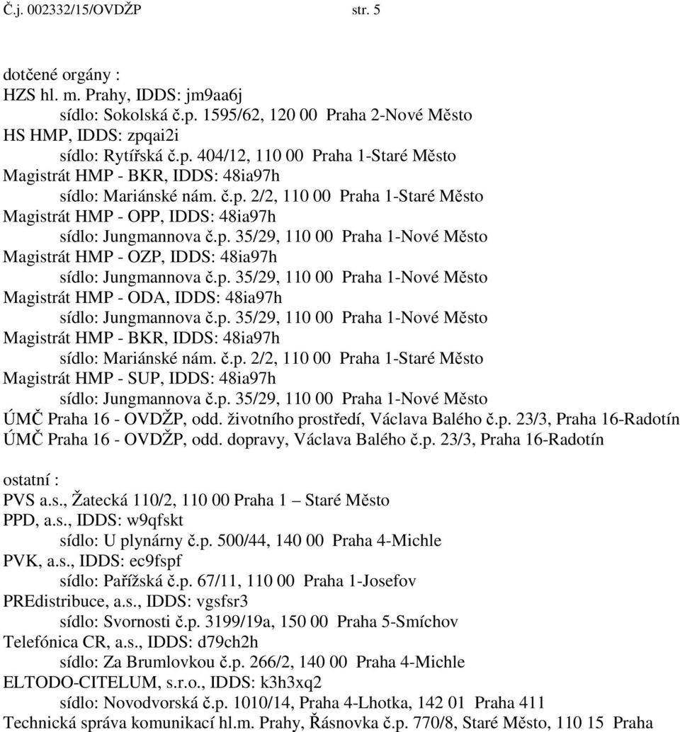 č.p. 2/2, 110 00 Praha 1-Staré Město Magistrát HMP - SUP, IDDS: 48ia97h ÚMČ Praha 16 - OVDŽP, odd. životního prostředí, Václava Balého č.p. 23/3, Praha 16-Radotín ÚMČ Praha 16 - OVDŽP, odd.