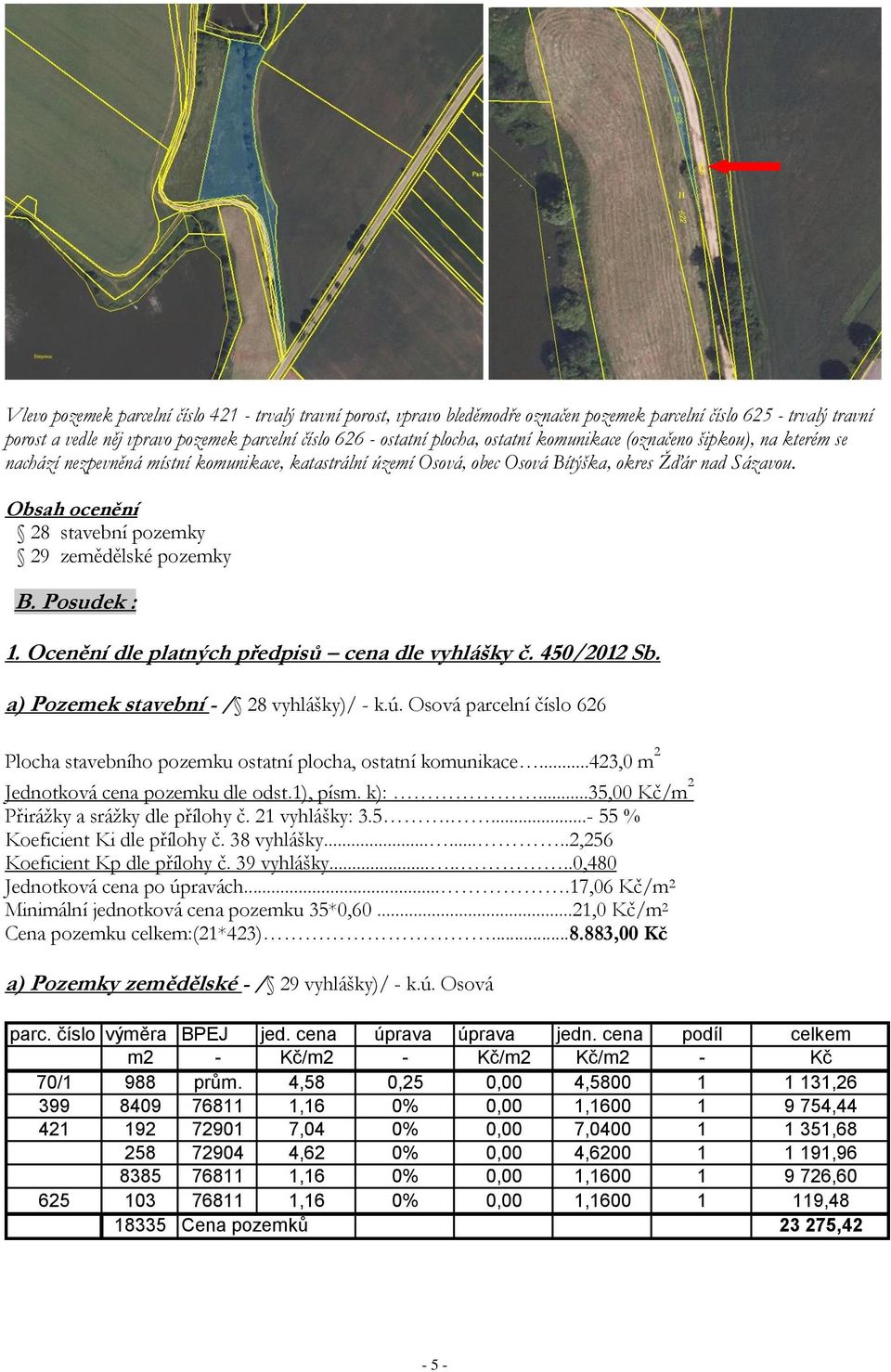 Obsah ocenění 28 stavební pozemky 29 zemědělské pozemky B. Posudek : 1. Ocenění dle platných předpisů cena dle vyhlášky č. 450/2012 Sb. a) Pozemek stavební - / 28 vyhlášky)/ - k.ú.