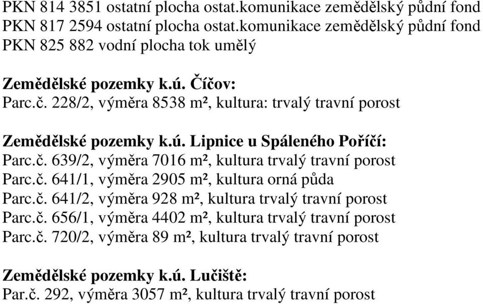 ú. Lipnice u Spáleného Poříčí: Parc.č. 639/2, výměra 7016 m², kultura trvalý travní porost Parc.č. 641/1, výměra 2905 m², kultura orná půda Parc.č. 641/2, výměra 928 m², kultura trvalý travní porost Parc.