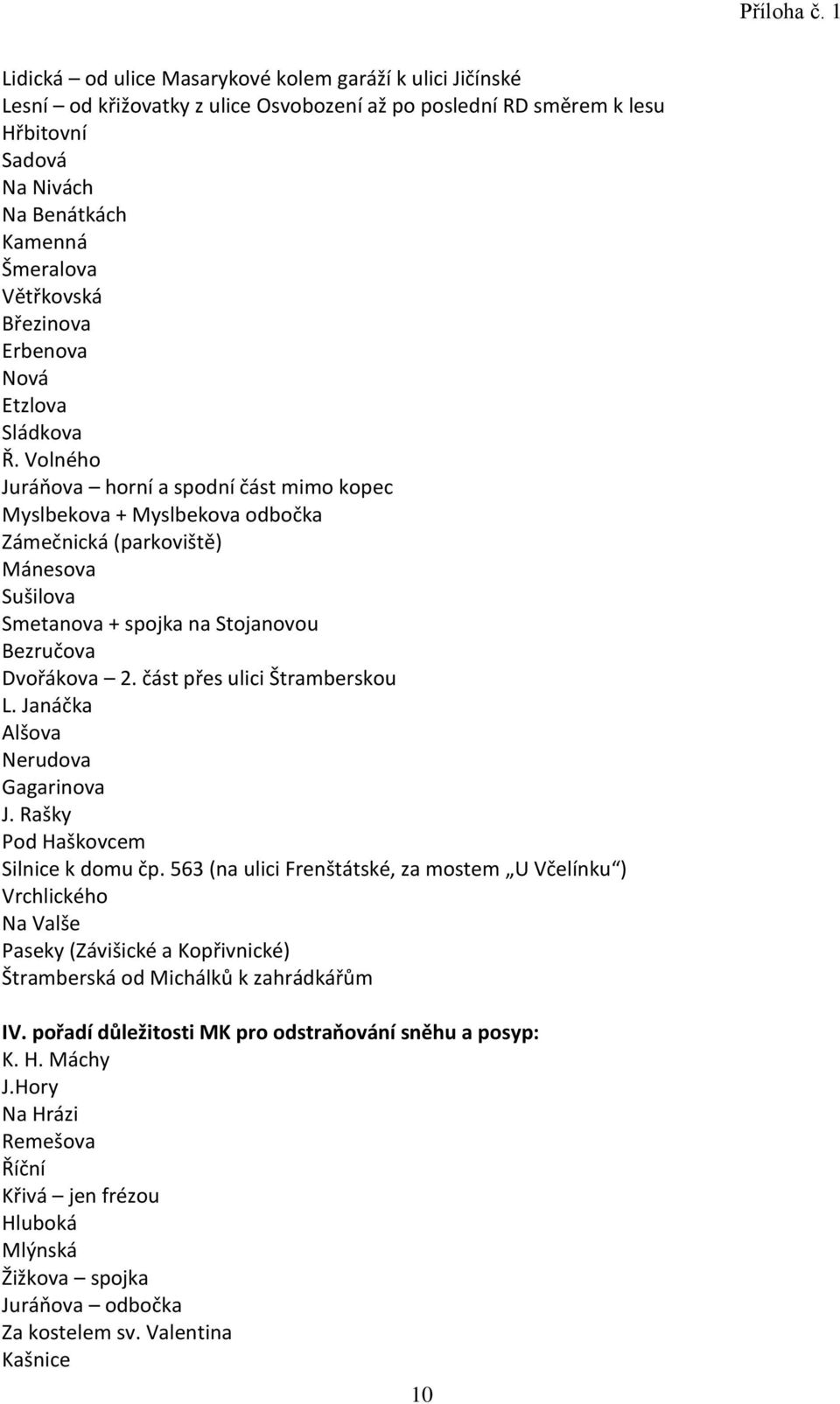 Volného Juráňova horní a spodní část mimo kopec Myslbekova + Myslbekova odbočka Zámečnická (parkoviště) Mánesova Sušilova Smetanova + spojka na Stojanovou Bezručova Dvořákova 2.