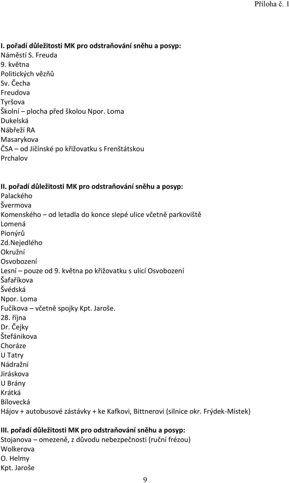 pořadí důležitosti MK pro odstraňování sněhu a posyp: Palackého Švermova Komenského od letadla do konce slepé ulice včetně parkoviště Lomená Pionýrů Zd.Nejedlého Okružní Osvobození Lesní pouze od 9.