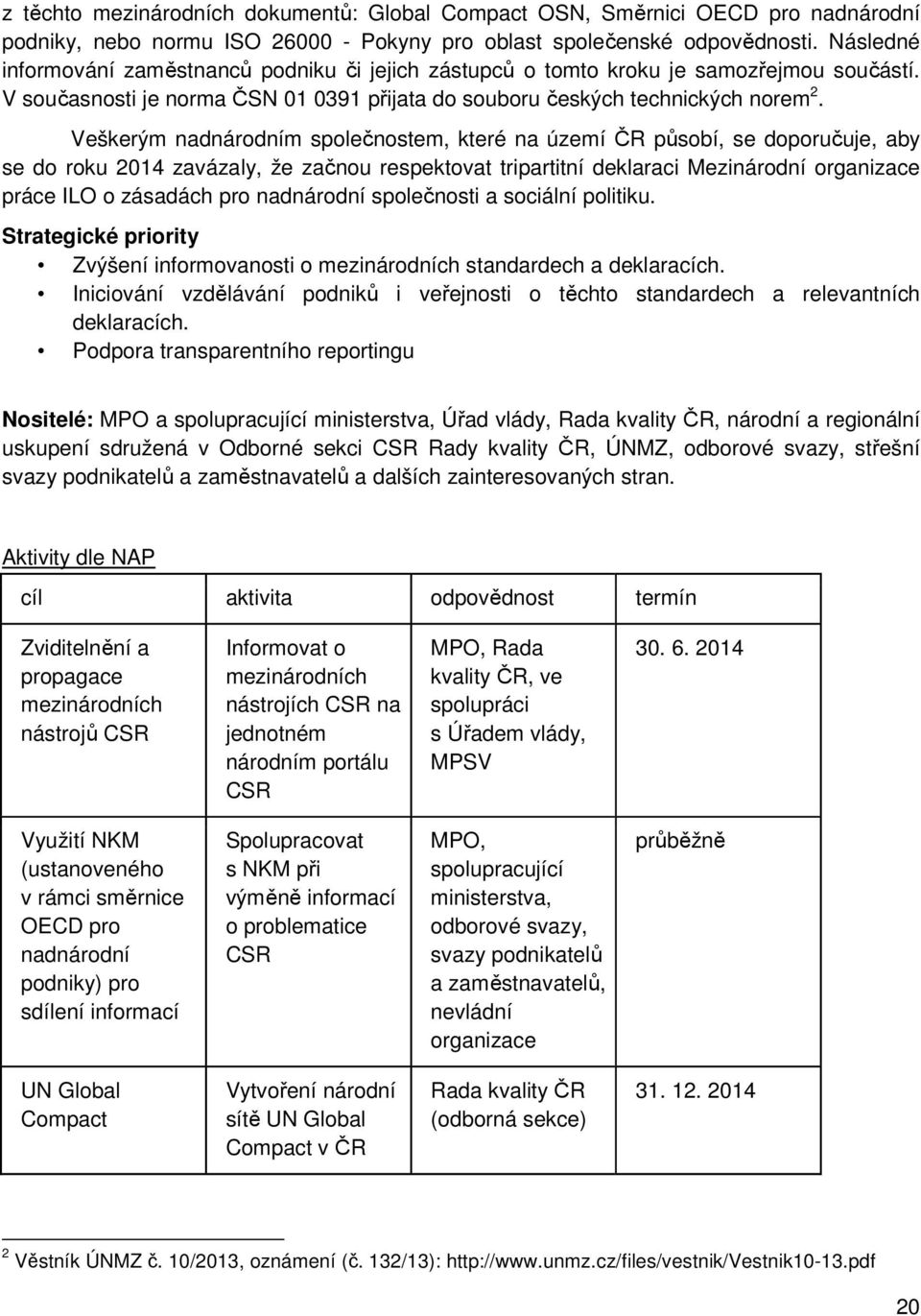 Veškerým nadnárodním společnostem, které na území ČR působí, se doporučuje, aby se do roku 2014 zavázaly, že začnou respektovat tripartitní deklaraci Mezinárodní organizace práce ILO o zásadách pro