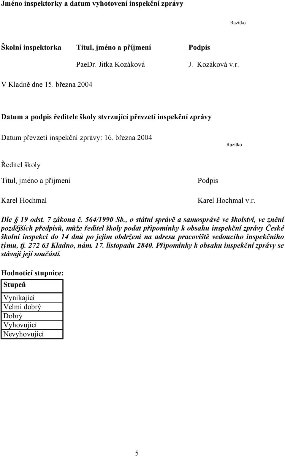 března 2004 Razítko Ředitel školy Titul, jméno a příjmení Karel Hochmal Podpis Karel Hochmal v.r. Dle 19 odst. 7 zákona č. 564/1990 Sb.