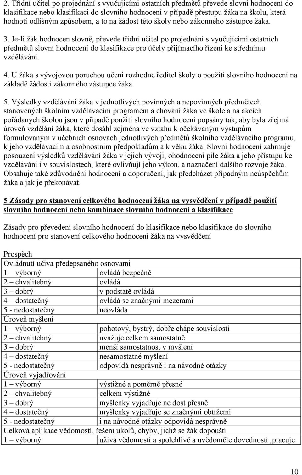 Je-li žák hodnocen slovně, převede třídní učitel po projednání s vyučujícími ostatních předmětů slovní hodnocení do klasifikace pro účely přijímacího řízení ke střednímu vzdělávání. 4.