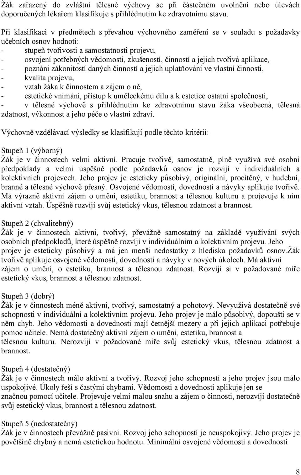 činností a jejich tvořivá aplikace, - poznání zákonitostí daných činností a jejich uplatňování ve vlastní činnosti, - kvalita projevu, - vztah žáka k činnostem a zájem o ně, - estetické vnímání,