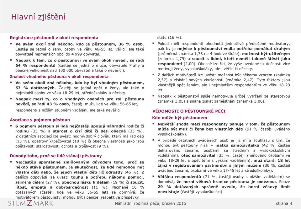 Naopak k těm, co o pěstounovi ve svém okolí nevědí, se řadí 64 % respondentů (častěji se jedná o muže, obyvatele Prahy a obecně velkoměst nad 100 000 obyvatel a také o nevěřící).