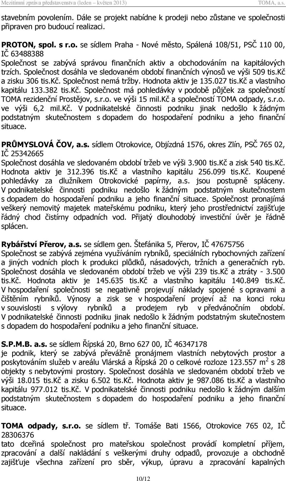 r.o. ve výši 15 mil.kč a společností TOMA odpady, s.r.o. ve výši 6,2 mil.kč. V podnikatelské činnosti podniku jinak nedošlo k žádným podstatným skutečnostem s dopadem do hospodaření podniku a jeho finanční situace.