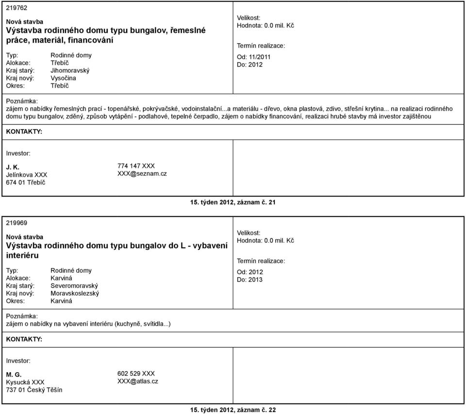 .. na realizaci rodinného domu typu bungalov, zděný, způsob vytápění - podlahové, tepelné čerpadlo, zájem o nabídky financování, realizaci hrubé stavby má investor zajištěnou J. K.