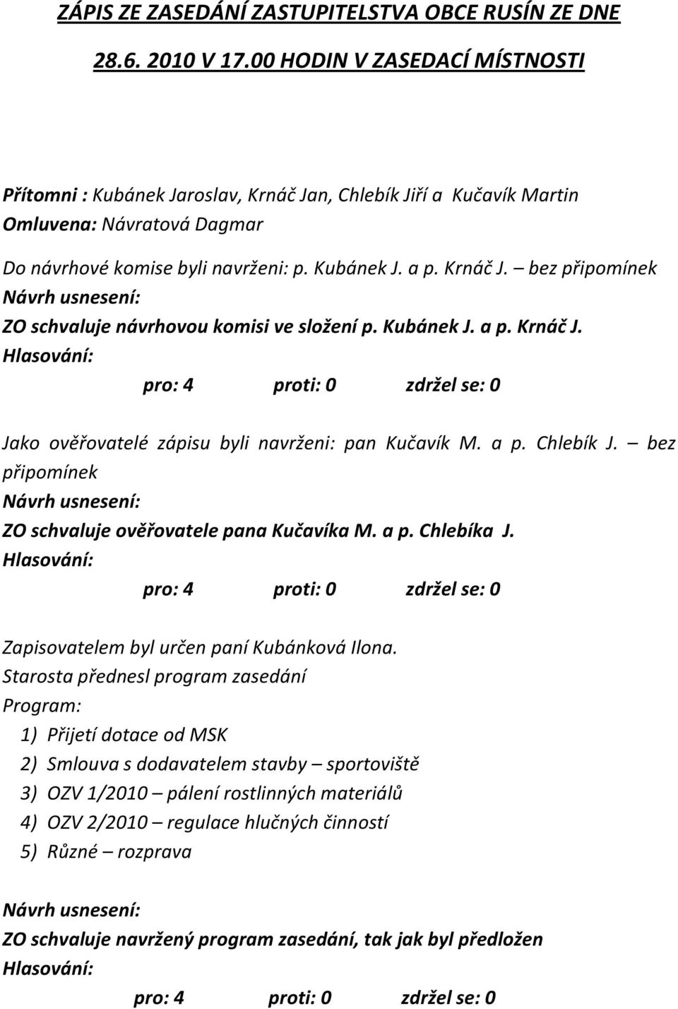 Kubánek J. a p. Krnáč J. Jako ověřovatelé zápisu byli navrženi: pan Kučavík M. a p. Chlebík J. bez připomínek ZO schvaluje ověřovatele pana Kučavíka M. a p. Chlebíka J.