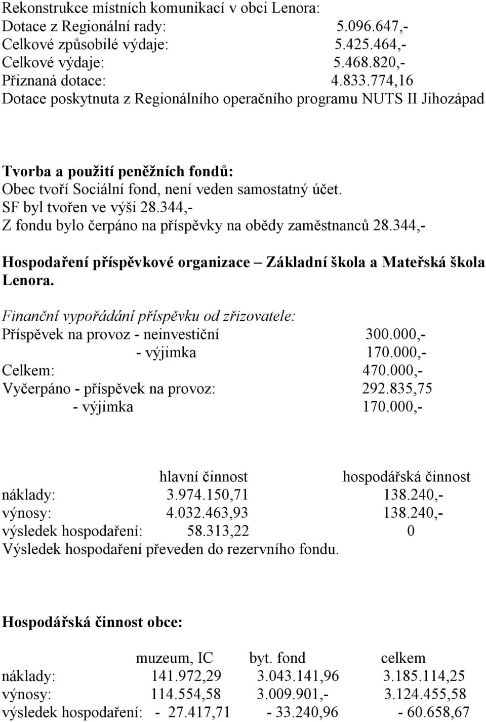 344,- Z fondu bylo čerpáno na příspěvky na obědy zaměstnanců 28.344,- Hospodaření příspěvkové organizace Základní škola a Mateřská škola Lenora.