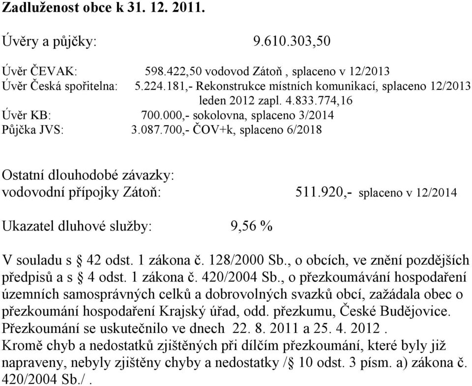 700,- ČOV+k, splaceno 6/2018 Ostatní dlouhodobé závazky: vodovodní přípojky Zátoň: 511.920,- splaceno v 12/2014 Ukazatel dluhové služby: 9,56 % V souladu s 42 odst. 1 zákona č. 128/2000 Sb.