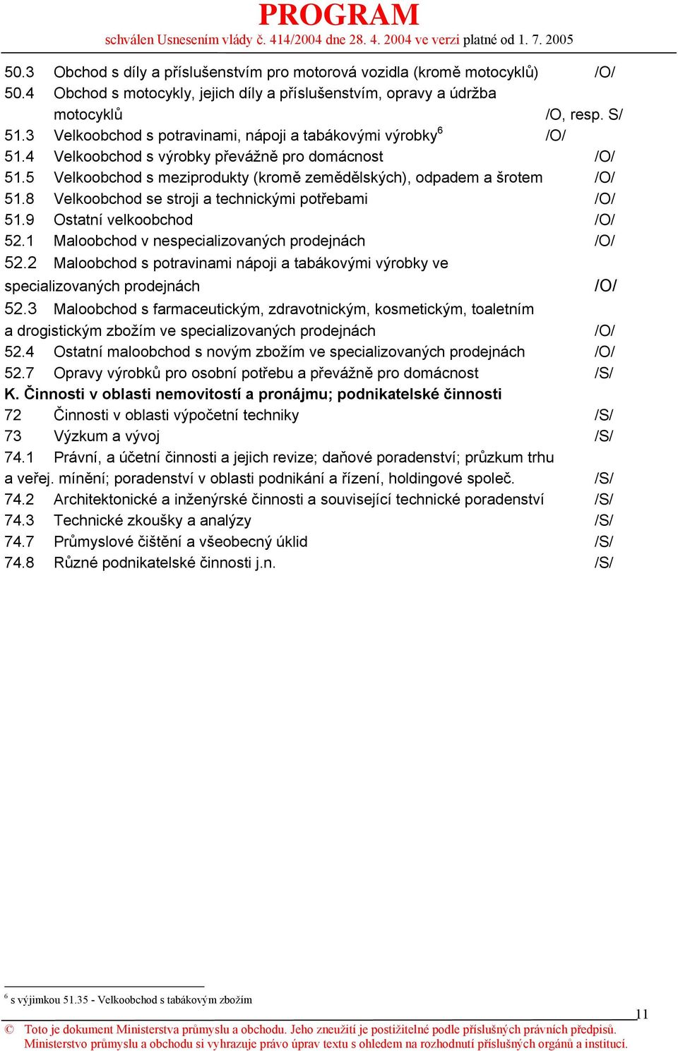 8 Velkoobchod se stroji a technickými potřebami /O/ 51.9 Ostatní velkoobchod /O/ 52.1 Maloobchod v nespecializovaných prodejnách /O/ 52.