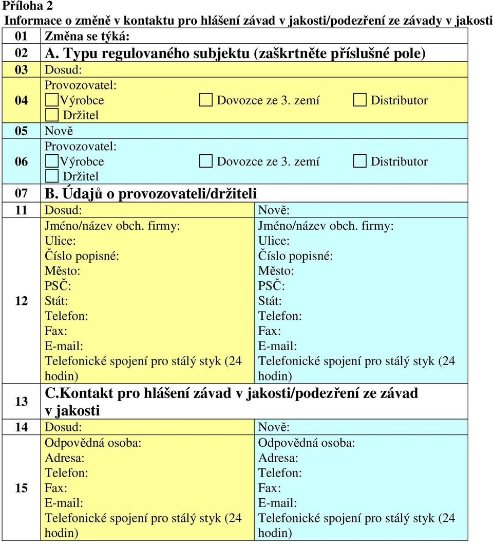 zemí Distributor Držitel 07 B. Údajů o provozovateli/držiteli 11 Dosud: Nově: 12 Jméno/název obch.