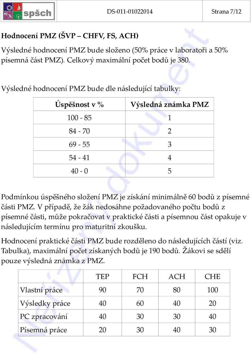 části PMZ. V případě, že žák nedosáhne požadovaného počtu bodů z písemné části, může pokračovat v praktické části a písemnou část opakuje v následujícím termínu pro maturitní zkoušku.