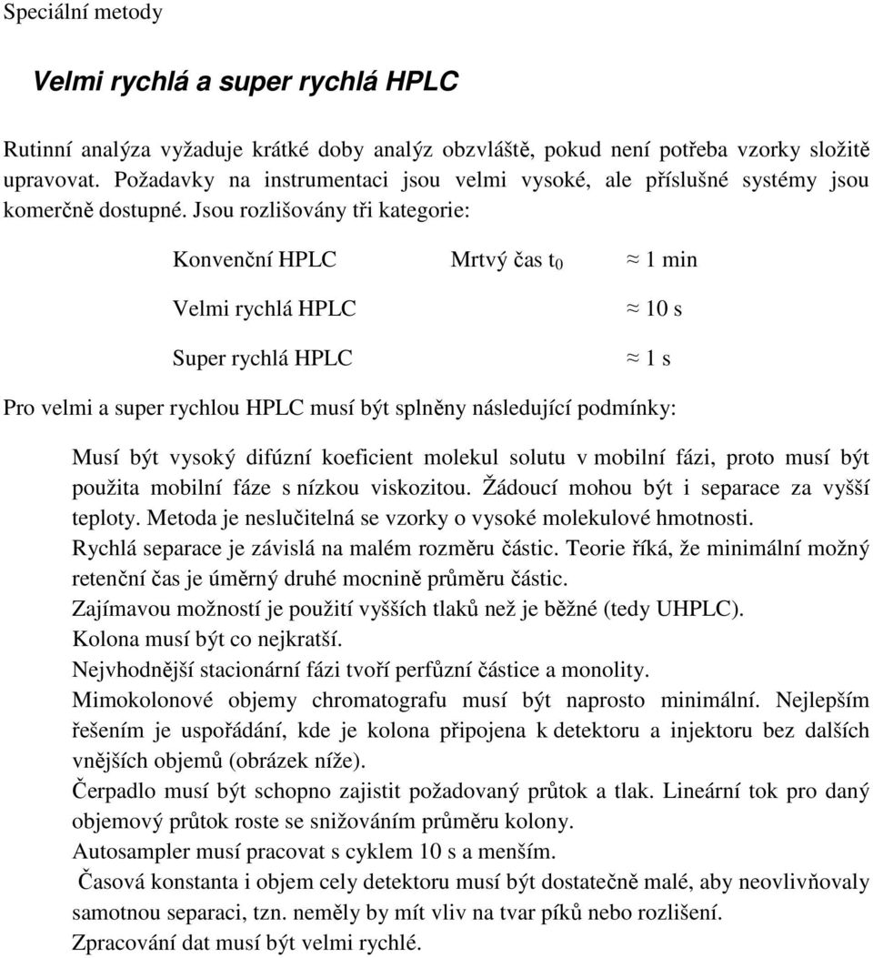 Jsou rozlišovány tři kategorie: Konvenční HPLC Mrtvý čas t 0 1 min Velmi rychlá HPLC Super rychlá HPLC 10 s 1 s Pro velmi a super rychlou HPLC musí být splněny následující podmínky: Musí být vysoký