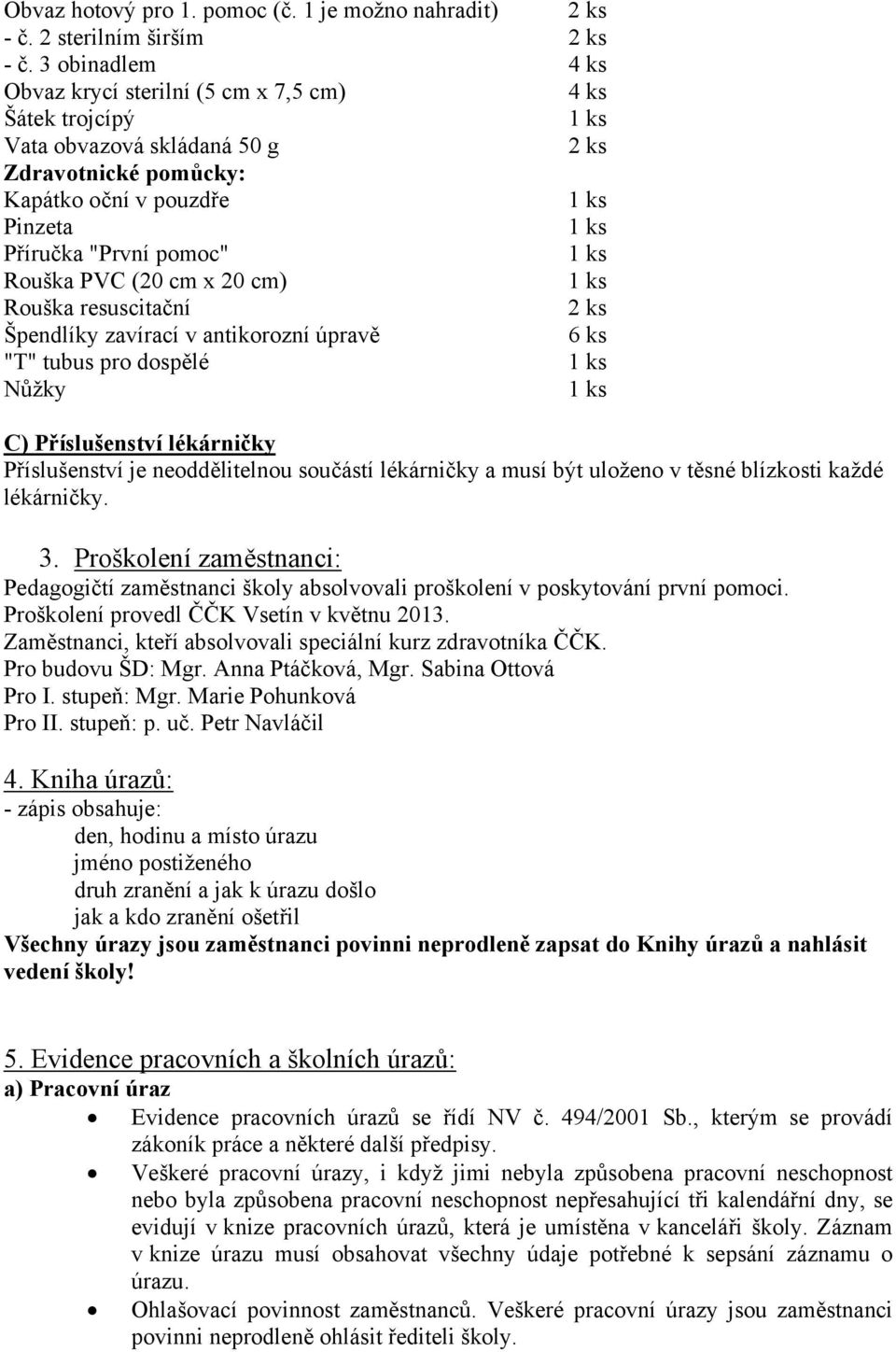 20 cm) Rouška resuscitační Špendlíky zavírací v antikorozní úpravě 6 ks "T" tubus pro dospělé Nůžky C) Příslušenství lékárničky Příslušenství je neoddělitelnou součástí lékárničky a musí být uloženo