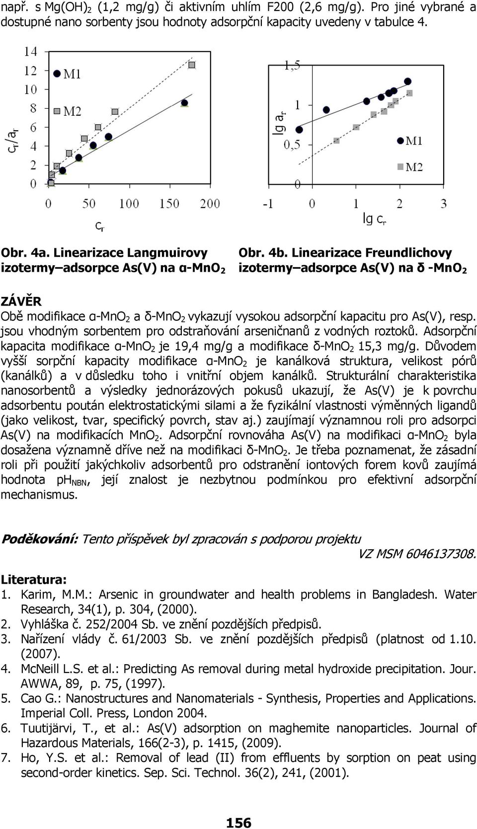 Lineaizace Feundlichovy izotemy adsopce As(V) na δ -MnO 2 ZÁVĚR Obě modifikace α-mno 2 a δ-mno 2 vykazují vysokou adsopční kapacitu po As(V), esp.