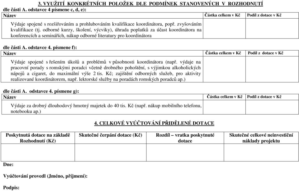 odborné kurzy, školení, výcviky), úhrada poplatků za účast koordinátora na konferencích a seminářích, nákup odborné literatury pro koordinátora dle části A. odstavce 4.