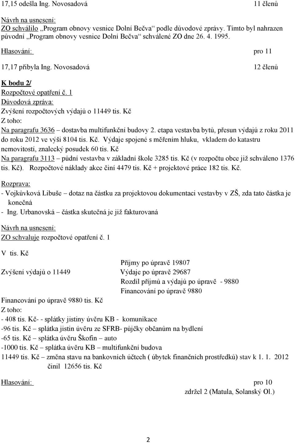 Kč Z toho: Na paragrafu 3636 dostavba multifunkční budovy 2. etapa vestavba bytů, přesun výdajů z roku 2011 do roku 2012 ve výši 8104 tis. Kč.