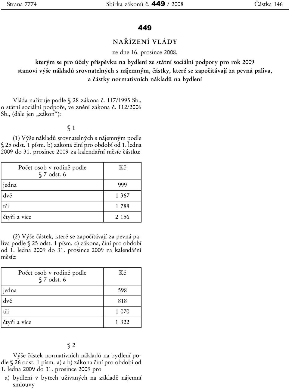 normativních nákladů na bydlení Vláda nařizuje podle 28 zákona č. 117/1995 Sb., o státní sociální podpoře, ve znění zákona č. 112/2006 Sb.