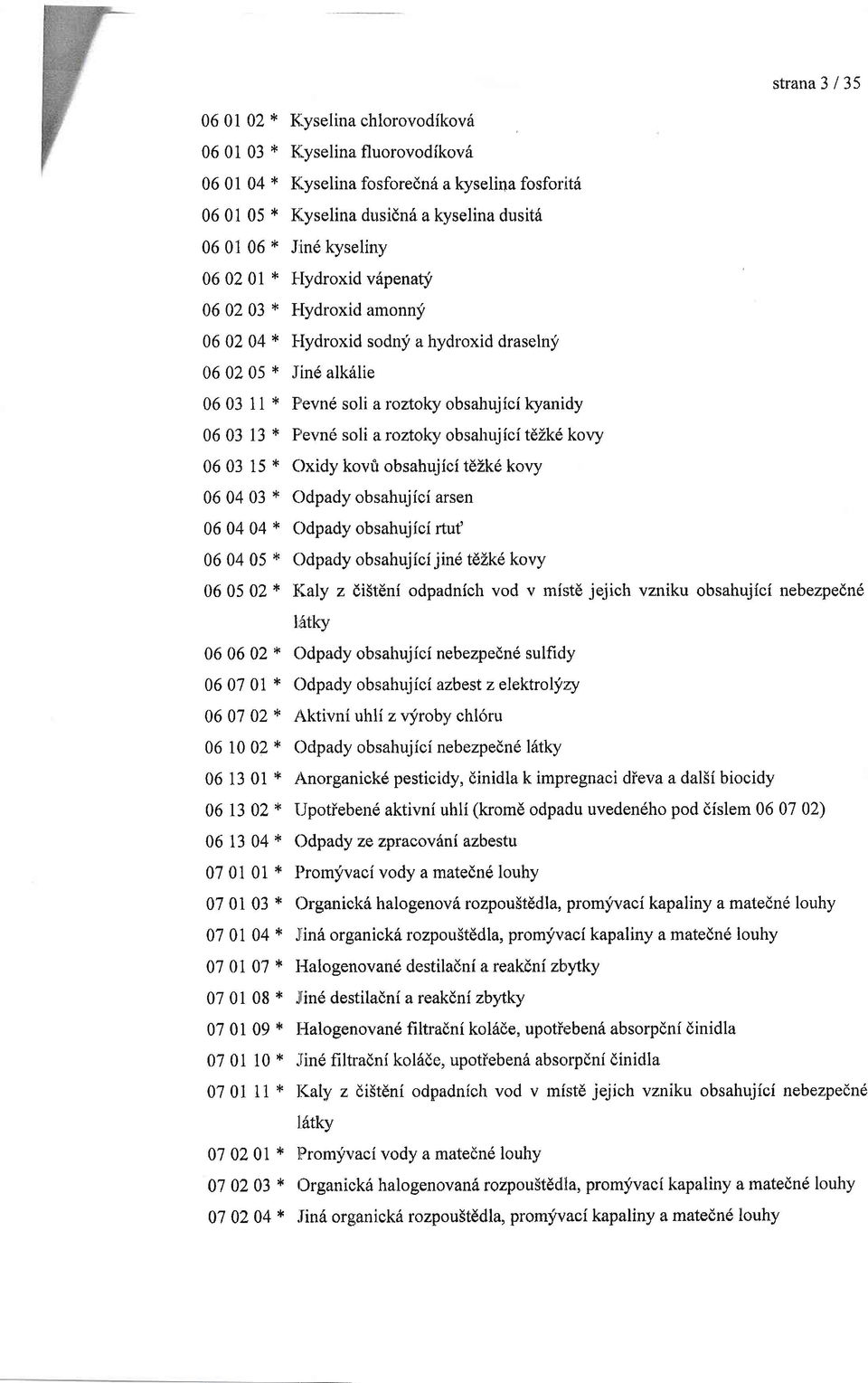 F'evnd soli a roztoky obsahujici lcyanidy 06 03 13 * P'evnd soli aroztoky obsahujicitezk6 kovy 06 03 15 * Oxidy kovfl obsahujici tdzk6 kovy 06 04 03 + Odpady obsahujici arsen 06 04 04 t Odpady