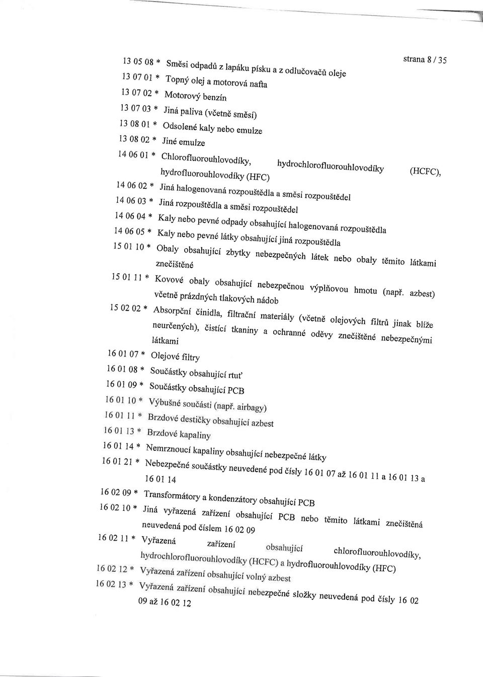 Jinri halogenovan6 rozpou5tddla a sm si rozpoustddel Jin6 rozpou5tddla a smes rozpoustddel Kaly nebo pevn6 0dpady obsahujicf halogenovanri rozpou*terila Kaly nebo pevnd l6tk ;:Hf;;""'ffiH;JJffi::':,"