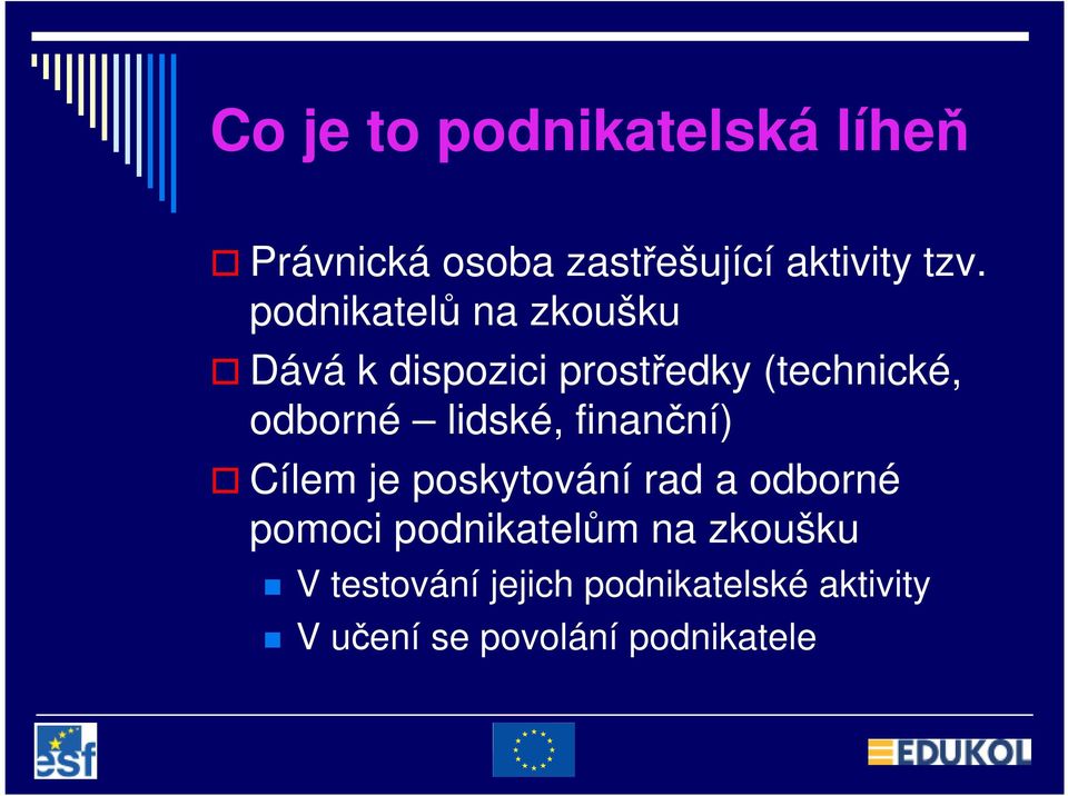 lidské, finanční) Cílem je poskytování rad a odborné pomoci podnikatelům