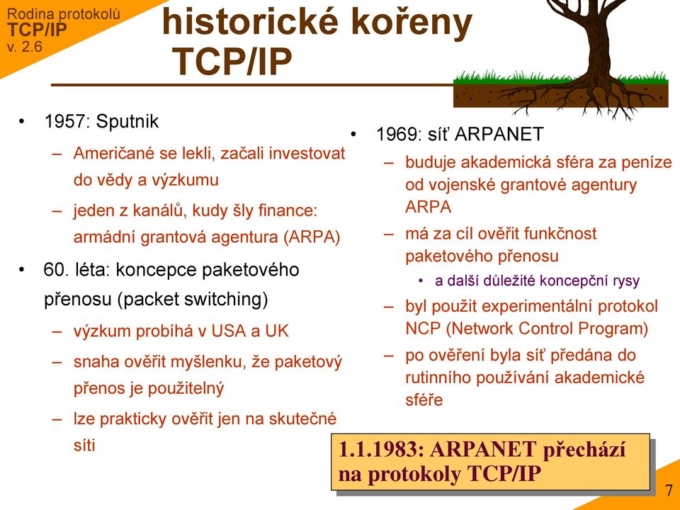 skutečné síti 1969: síť ARPANET buduje akademická sféra za peníze od vojenské grantové agentury ARPA má za cíl ověřit funkčnost paketového přenosu a další důleţité