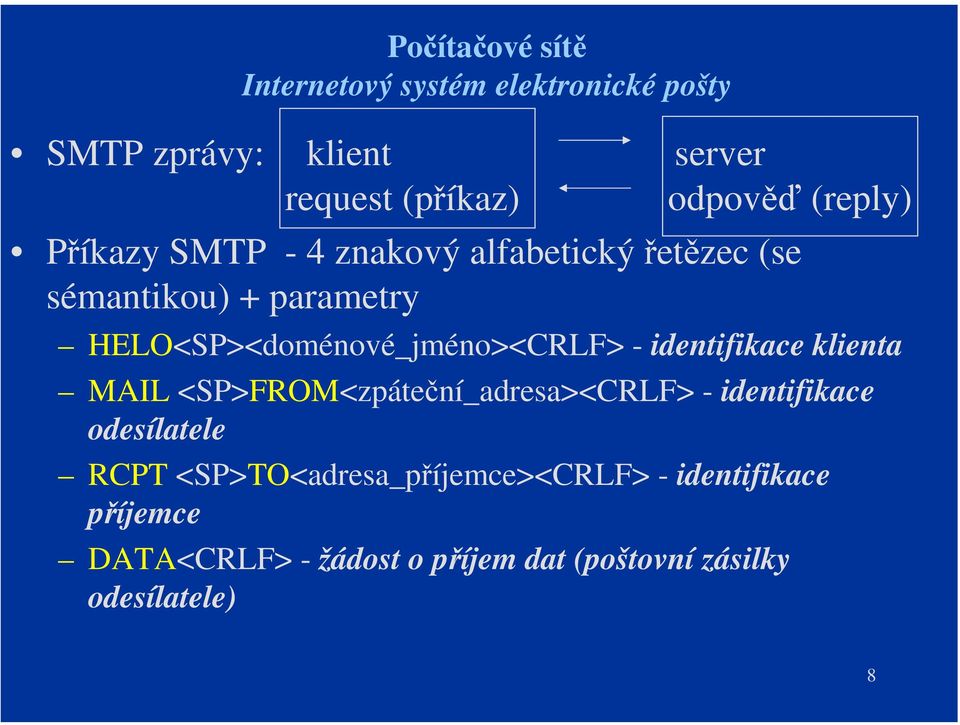 klienta MAIL <SP>FROM<zpáteční_adresa><CRLF> - identifikace odesílatele RCPT