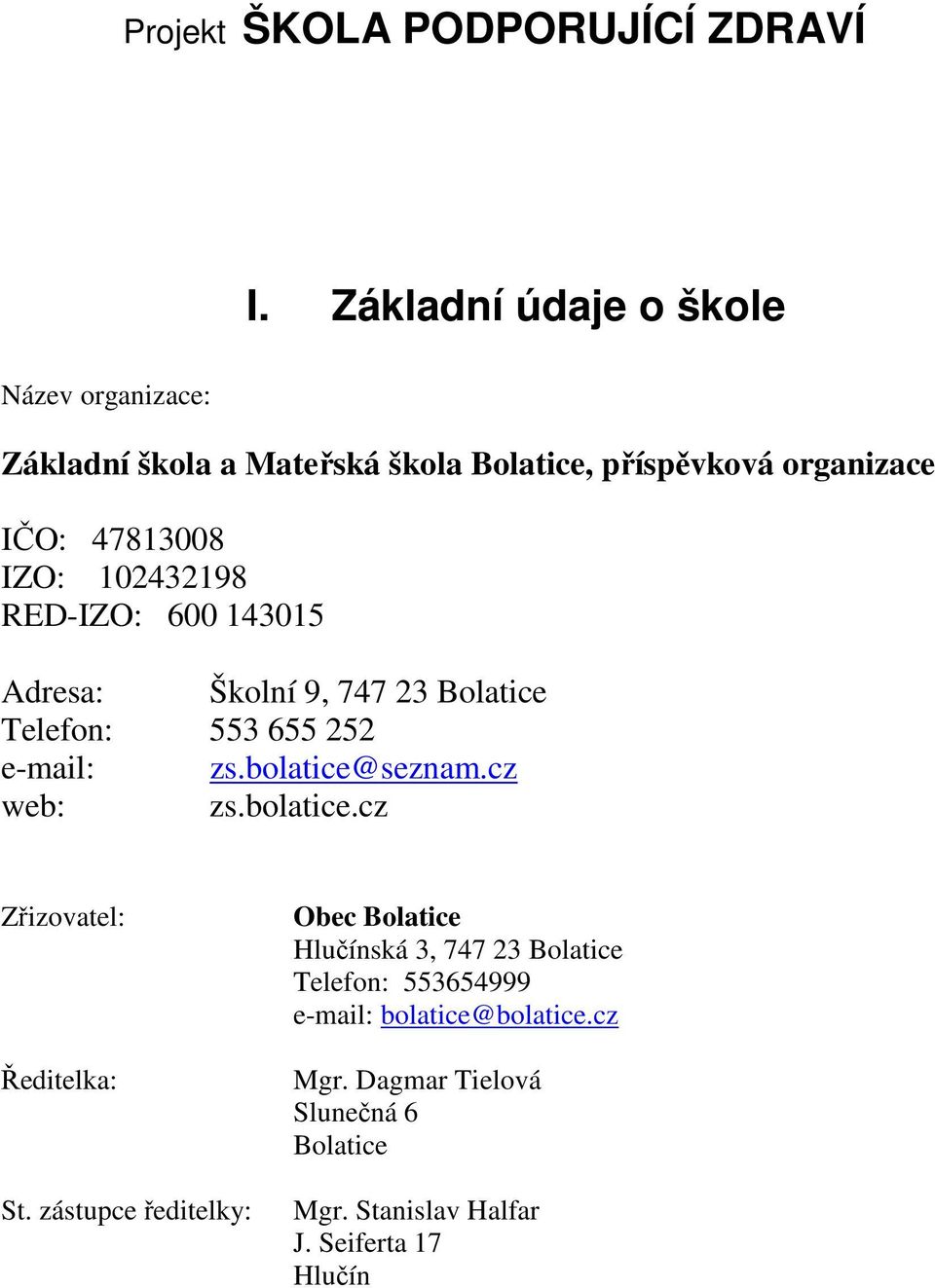 102432198 RED-IZO: 600 143015 Adresa: Školní 9, 747 23 Bolatice Telefon: 553 655 252 e-mail: zs.bolatice@seznam.cz web: zs.