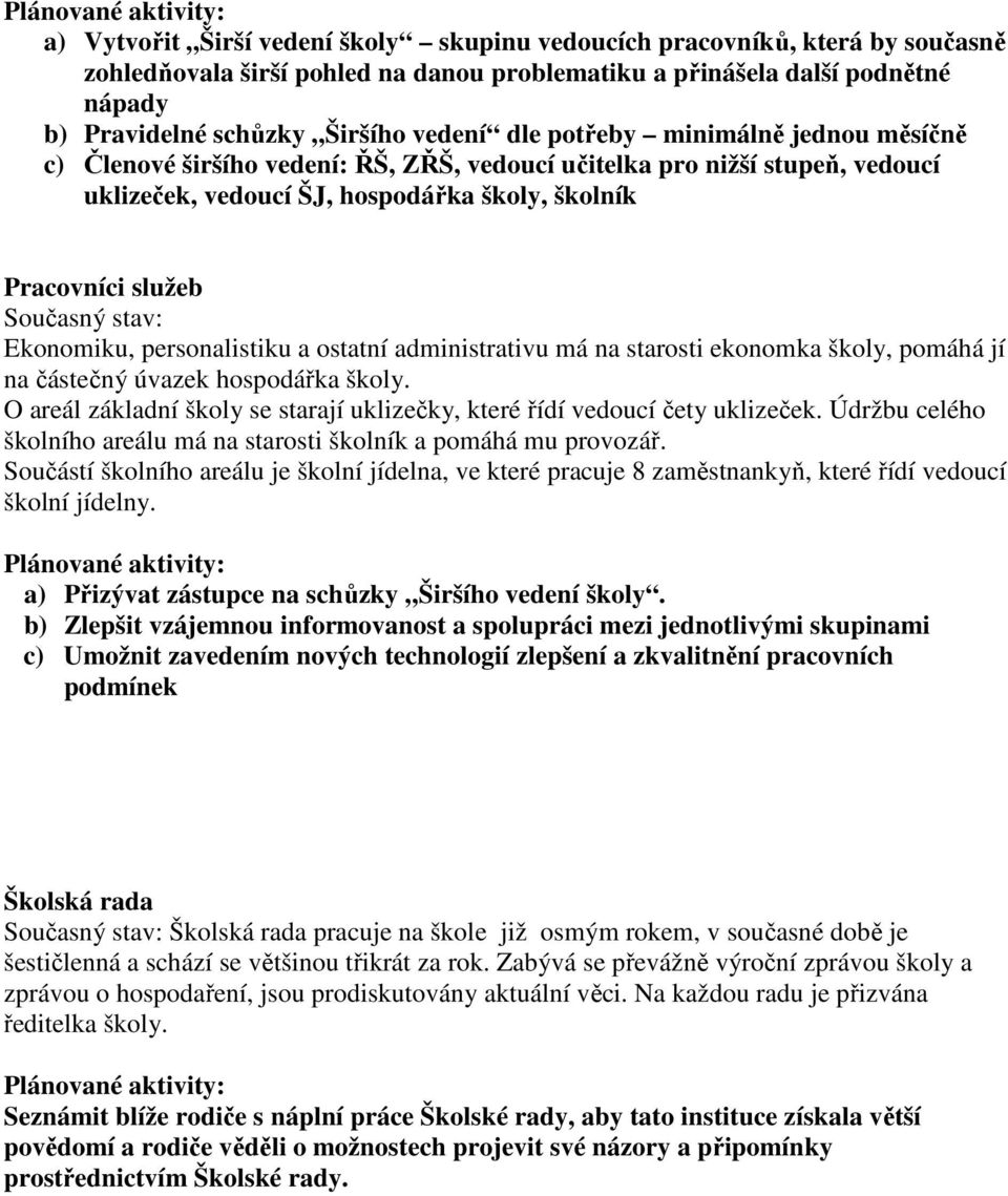 služeb Současný stav: Ekonomiku, personalistiku a ostatní administrativu má na starosti ekonomka školy, pomáhá jí na částečný úvazek hospodářka školy.