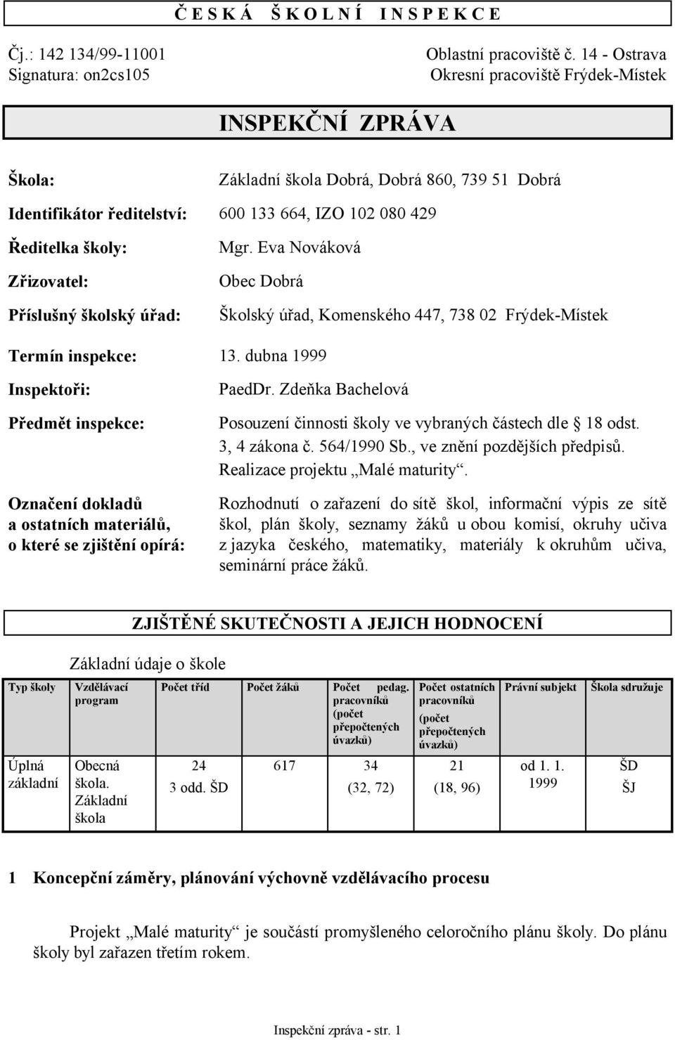 Zřizovatel: Příslušný školský úřad: Mgr. Eva Nováková Obec Dobrá Školský úřad, Komenského 447, 738 02 Frýdek-Místek Termín inspekce: 13.