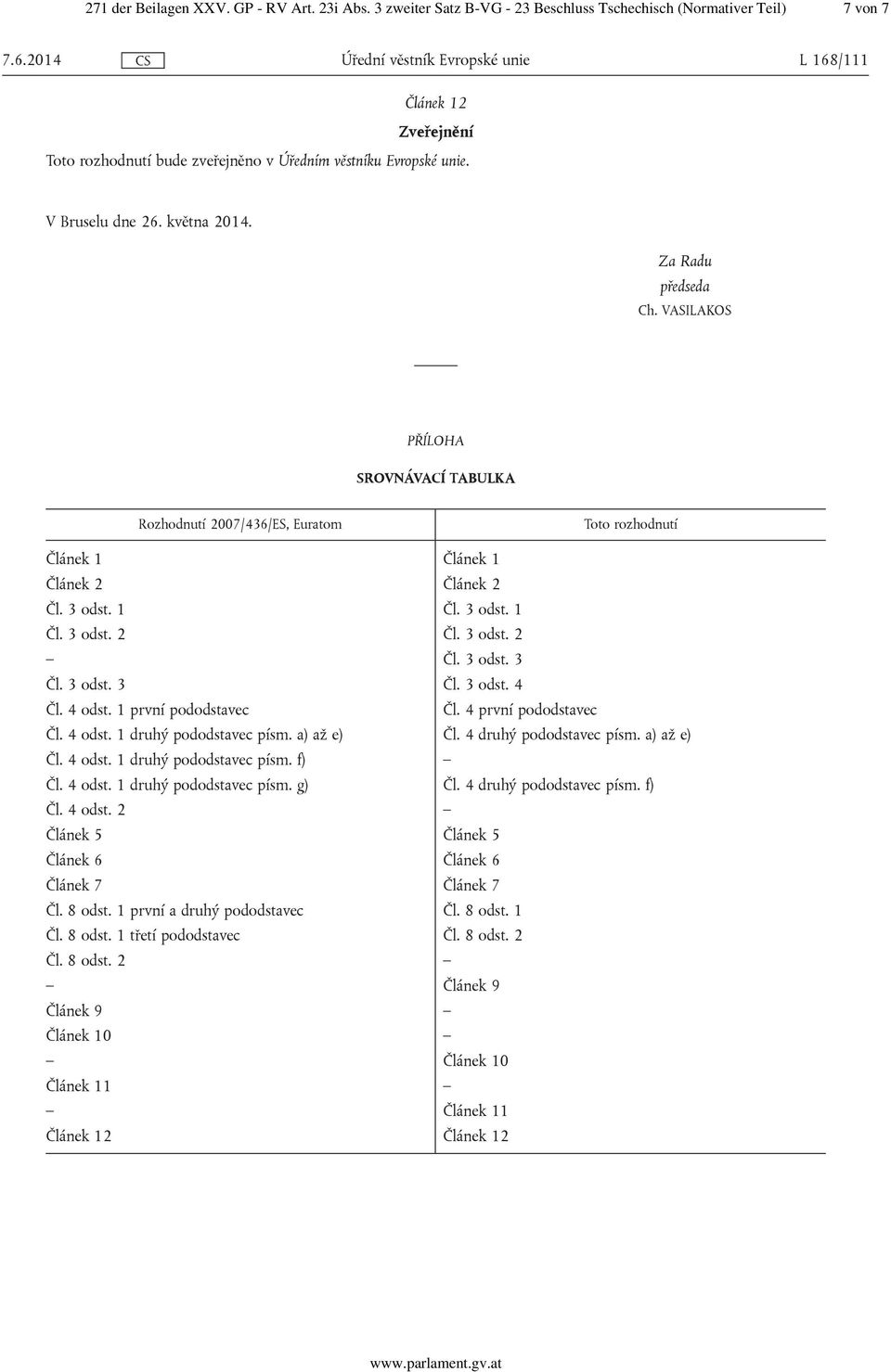 Za Radu předseda Ch. VASILAKOS PŘÍLOHA SROVNÁVACÍ TABULKA Rozhodnutí 2007/436/ES, Euratom Toto rozhodnutí Článek 1 Článek 1 Článek 2 Článek 2 Čl. 3 odst. 1 Čl. 3 odst. 1 Čl. 3 odst. 2 Čl. 3 odst. 2 Čl. 3 odst. 3 Čl.