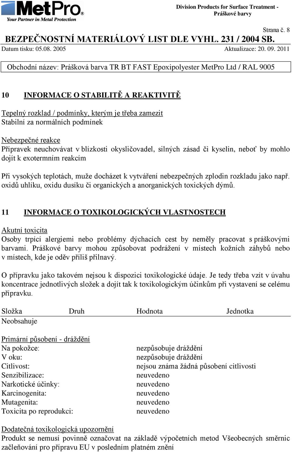 zásad či kyselin, neboť by mohlo dojít k exotermním reakcím Při vysokých teplotách, muţe docházet k vytváření nebezpečných zplodin rozkladu jako např.