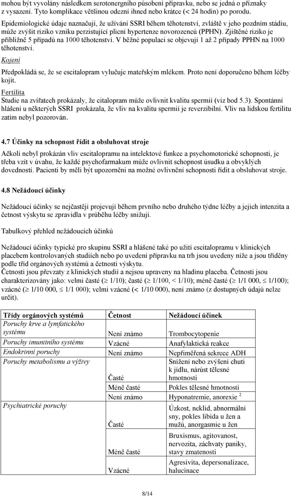 Zjištěné riziko je přibližně 5 případů na 1000 těhotenství. V běžné populaci se objevují 1 až 2 případy PPHN na 1000 těhotenství. Kojení Předpokládá se, že se escitalopram vylučuje mateřským mlékem.