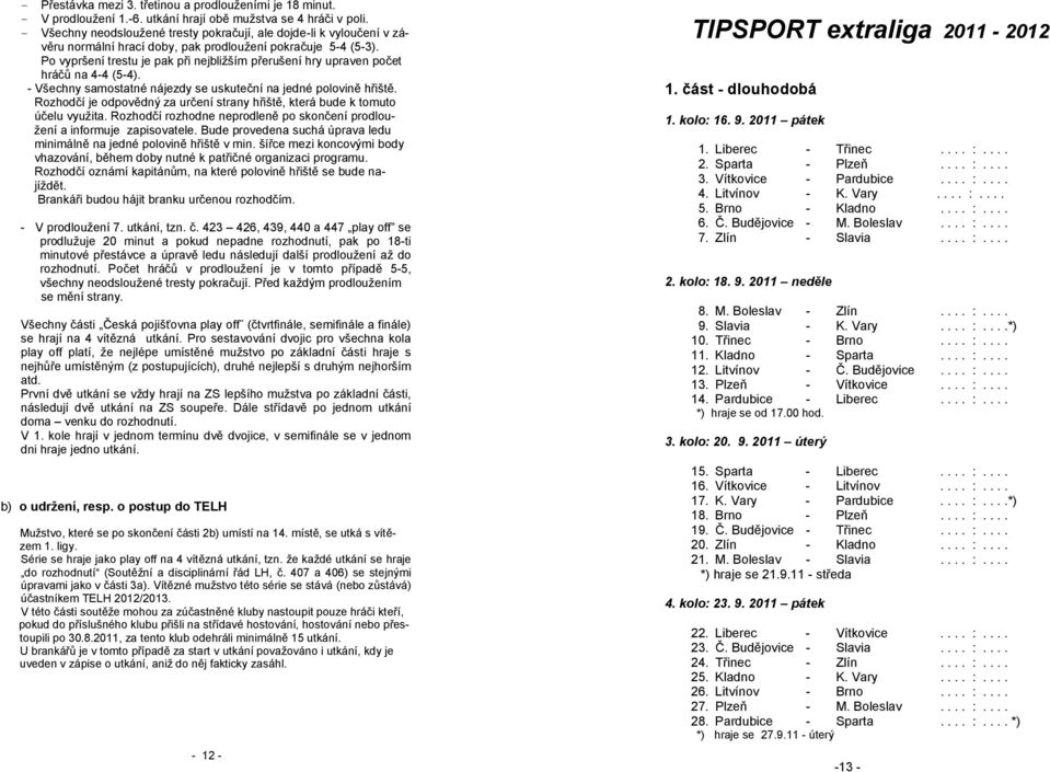 Po vypršení trestu je pak při nejbližším přerušení hry upraven počet hráčů na 4-4 (5-4). - Všechny samostatné nájezdy se uskuteční na jedné polovině hřiště.