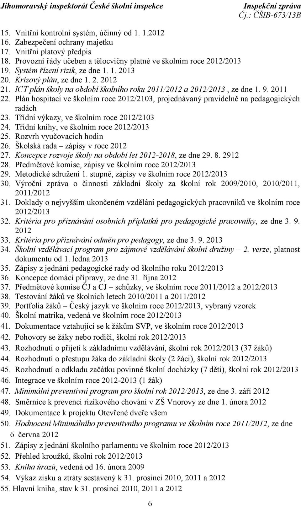 Plán hospitací ve školním roce 2012/2103, projednávaný pravidelně na pedagogických radách 23. Třídní výkazy, ve školním roce 2012/2103 24. Třídní knihy, ve školním roce 2012/2013 25.