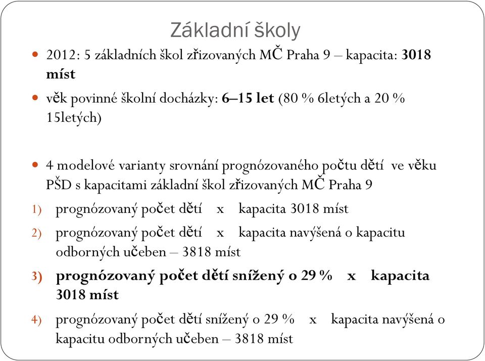 prognózovaný počet dětí x kapacita 3018 míst 2) prognózovaný počet dětí x kapacita navýšená o kapacitu odborných učeben 3818 míst 3)