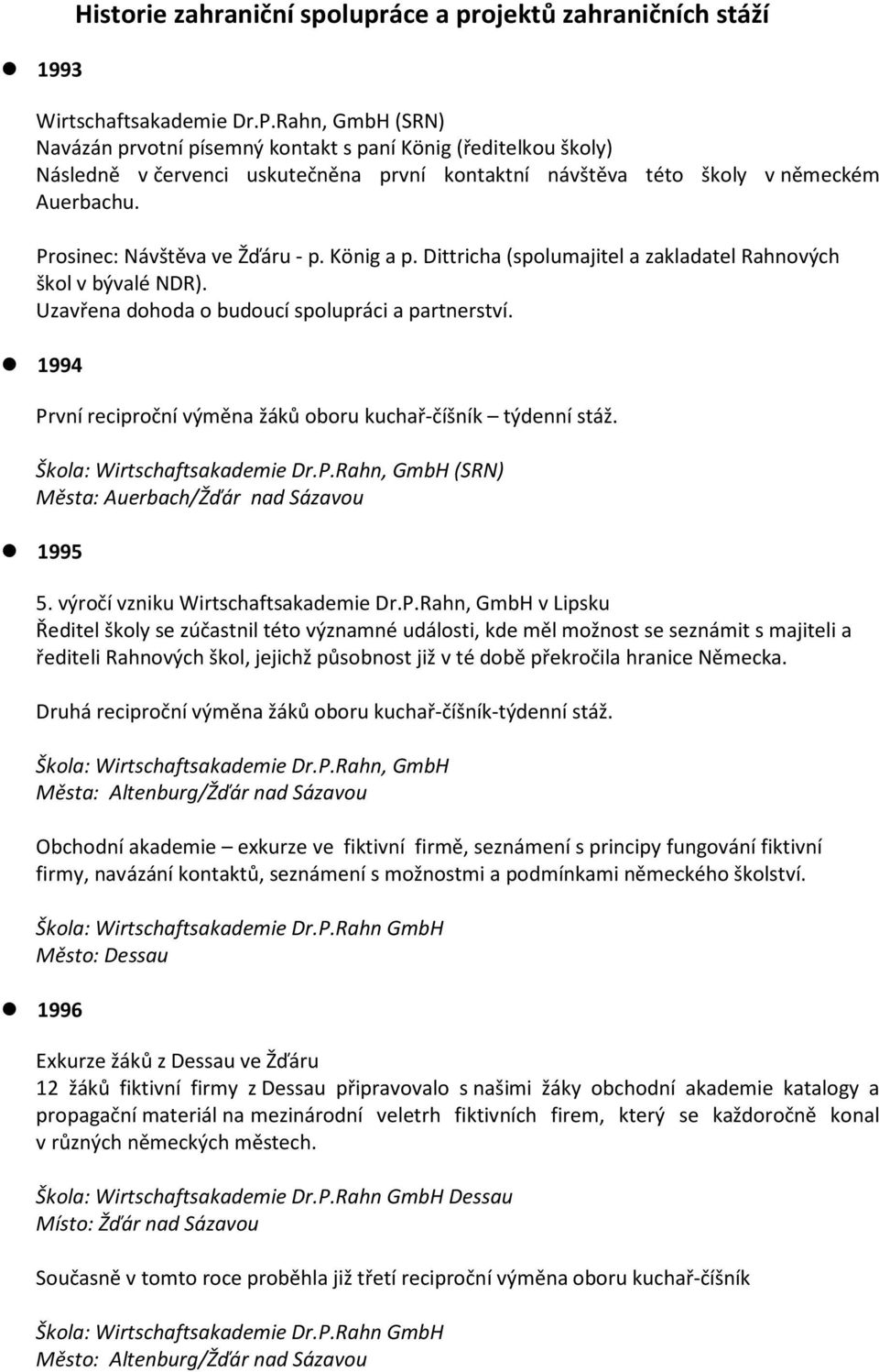 Prosinec: Návštěva ve Žďáru - p. König a p. Dittricha (spolumajitel a zakladatel Rahnových škol v bývalé NDR). Uzavřena dohoda o budoucí spolupráci a partnerství.