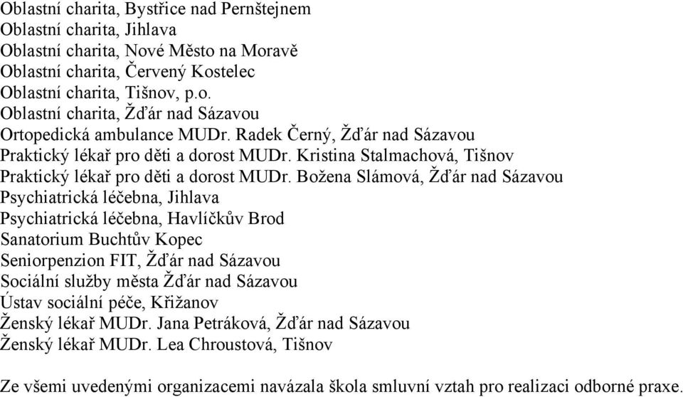 Božena Slámová, Žďár nad Sázavou Psychiatrická léčebna, Jihlava Psychiatrická léčebna, Havlíčkův Brod Sanatorium Buchtův Kopec Seniorpenzion FIT, Žďár nad Sázavou Sociální služby města Žďár nad