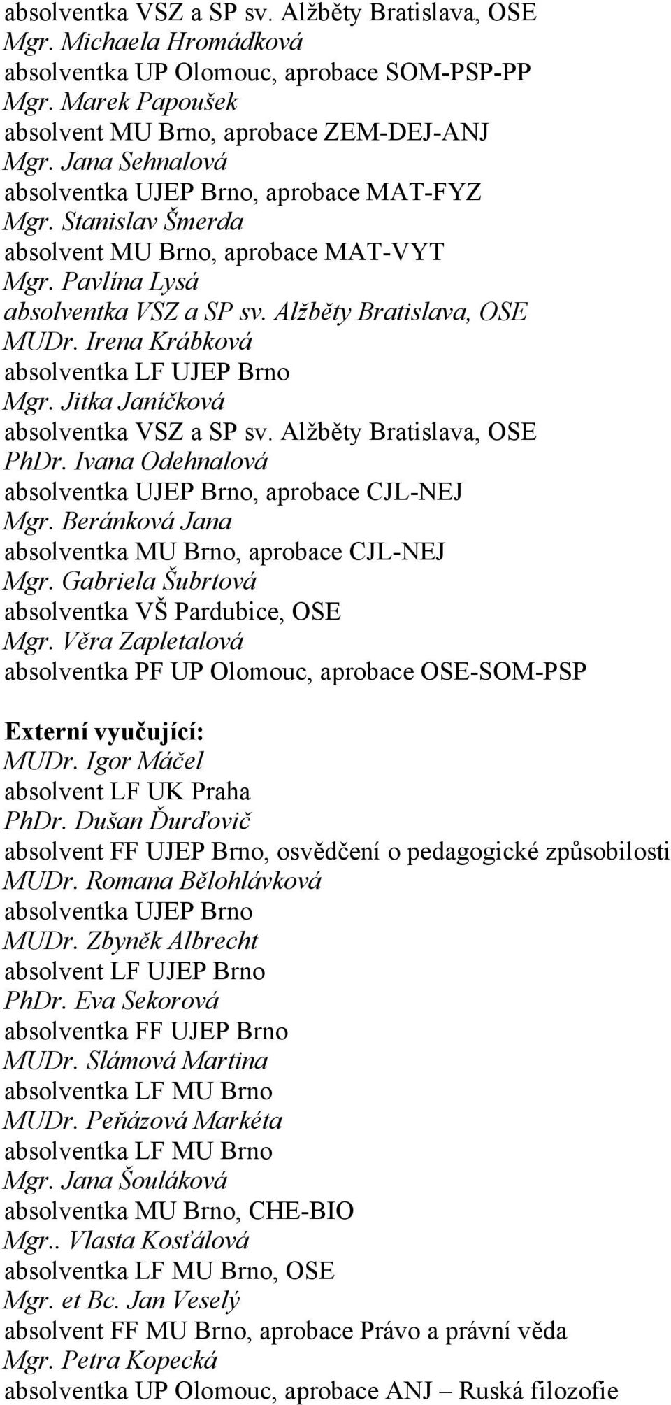 Irena Krábková absolventka LF UJEP Brno Mgr. Jitka Janíčková absolventka VSZ a SP sv. Alžběty Bratislava, OSE PhDr. Ivana Odehnalová absolventka UJEP Brno, aprobace CJL-NEJ Mgr.