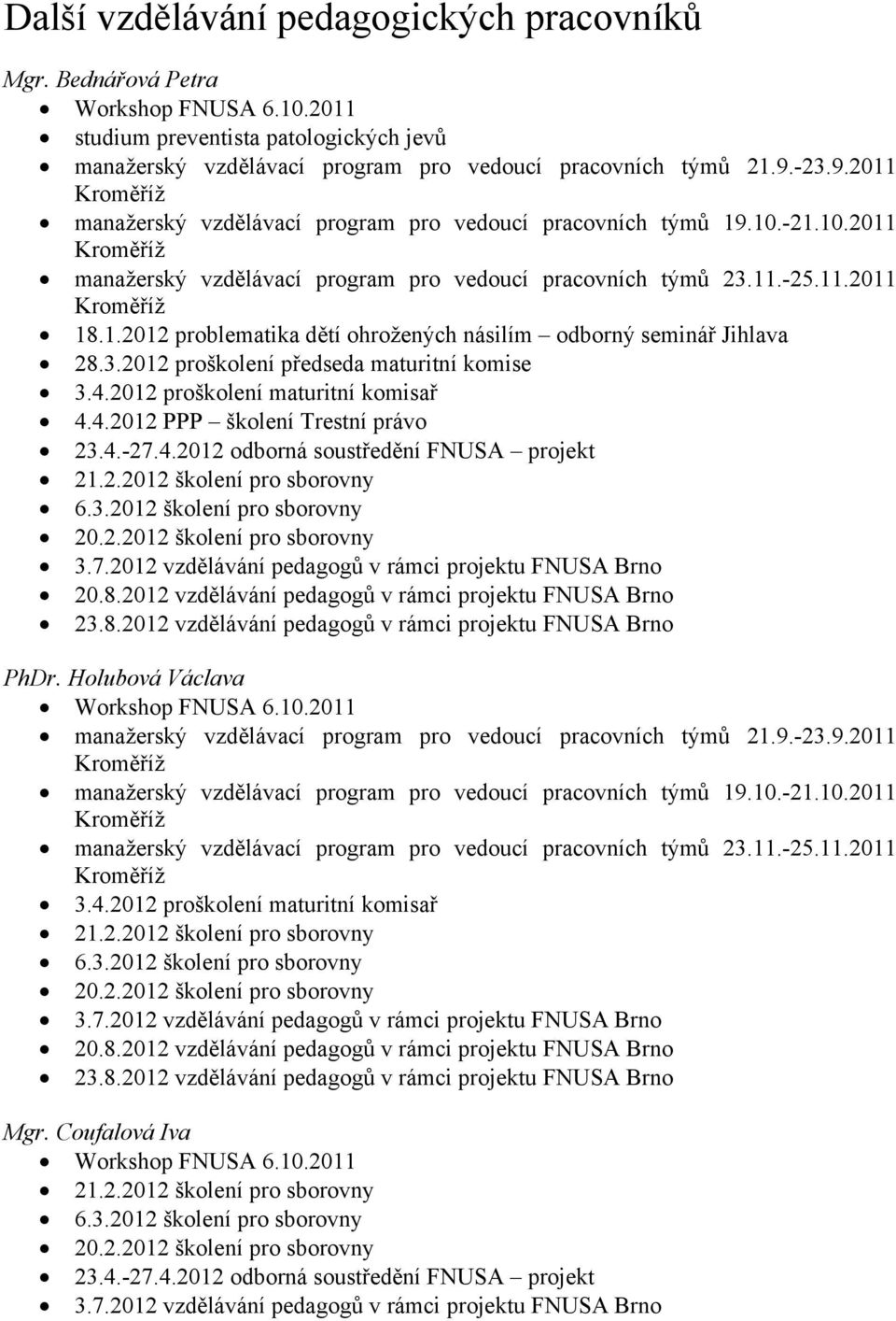 3.2012 proškolení předseda maturitní komise 3.4.2012 proškolení maturitní komisař 4.4.2012 PPP školení Trestní právo 23.4.-27.4.2012 odborná soustředění FNUSA projekt 21.2.2012 školení pro sborovny 6.