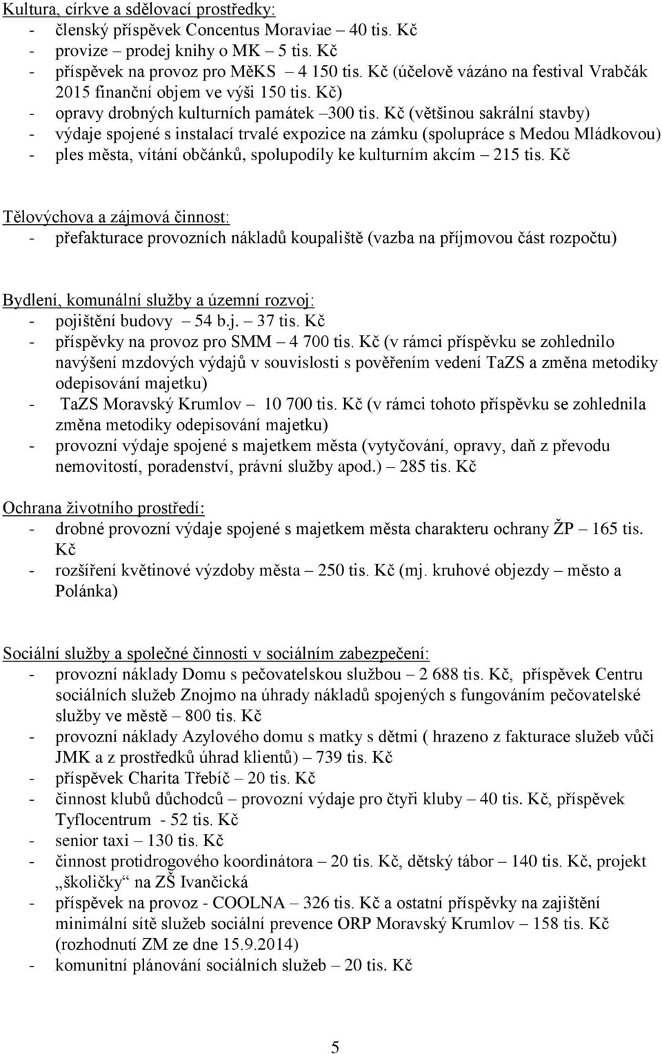 Kč (většinou sakrální stavby) - výdaje spojené s instalací trvalé expozice na zámku (spolupráce s Medou Mládkovou) - ples města, vítání občánků, spolupodíly ke kulturním akcím 215 tis.