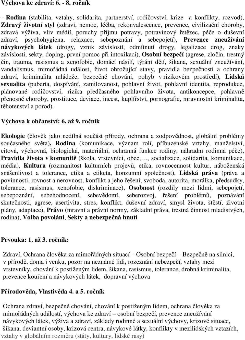 výživa, vliv médií, poruchy příjmu potravy, potravinový řetězec, péče o duševní zdraví, psychohygiena, relaxace, sebepoznání a sebepojetí), Prevence zneužívání návykových látek (drogy, vznik