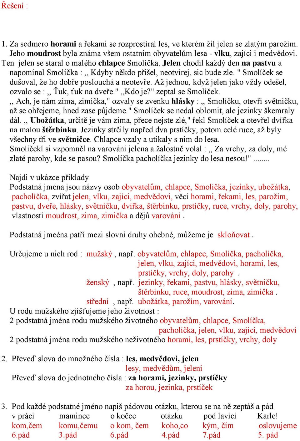 " Smolíček se dušoval, že ho dobře poslouchá a neotevře. Až jednou, když jelen jako vždy odešel, ozvalo se :,, Ťuk, ťuk na dveře.",,kdo je?" zeptal se Smolíček.